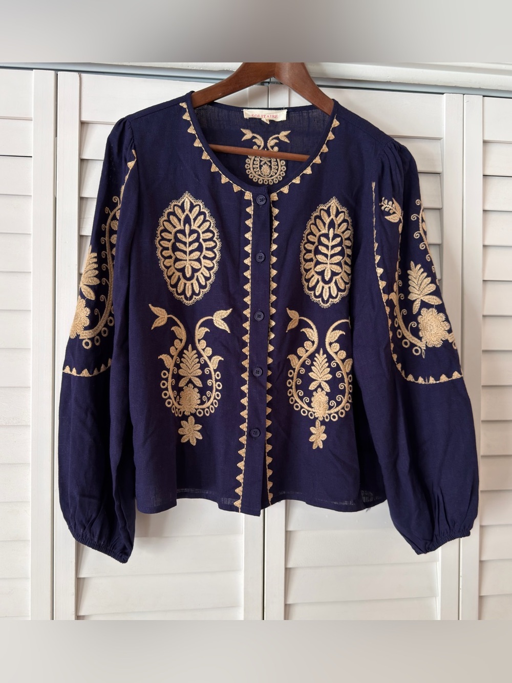 Solitaire Navy Blue Linen blend Blouse with Tan Embroidery